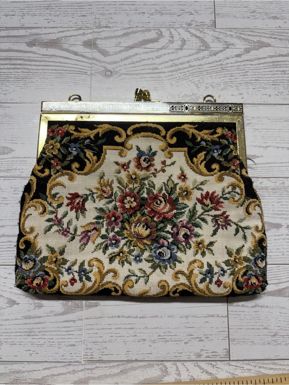 Floral Tapestry Kiss Lock Evening Bag Gold Tone Frame